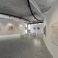 Contemporary Art Gallery Interior With White Walls Gray Floor Hanging Artworks And Display Pedestals