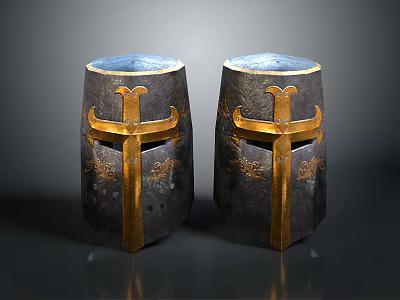 Pair Of Medieval Armor Helmets With Gold Cross Decoration And Vintage Design 3d model