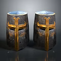 Pair Of Medieval Armor Helmets With Gold Cross Decoration And Vintage Design