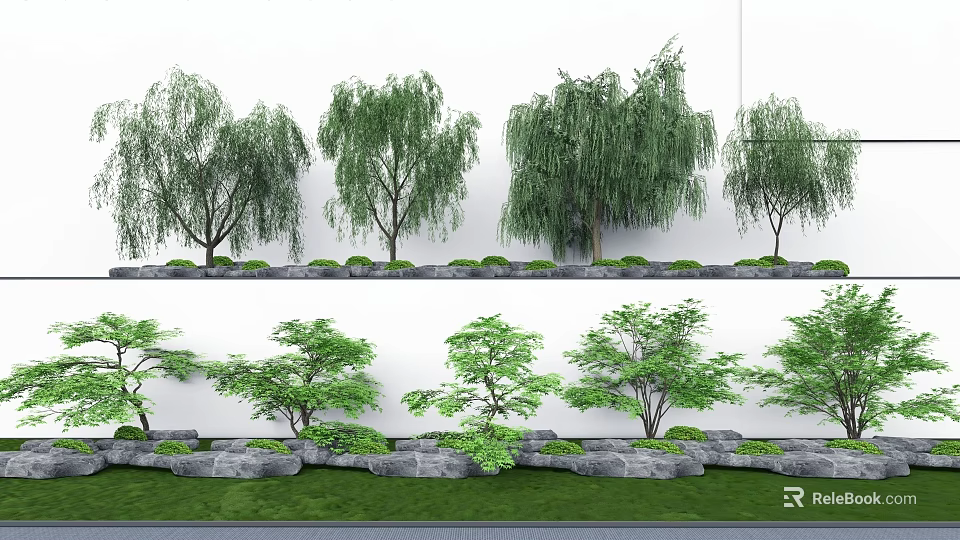 Various Leafy Trees In Landscaped Garden With Stone Decor And Green Grass 3d model 