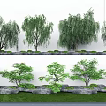 Various Leafy Trees In Landscaped Garden With Stone Decor And Green Grass