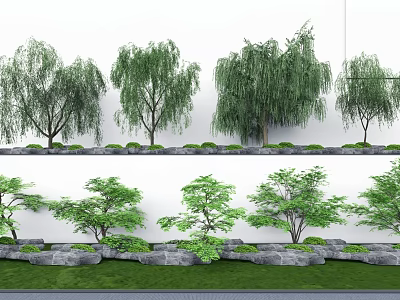 Various Leafy Trees In Landscaped Garden With Stone Decor And Green Grass 3d model