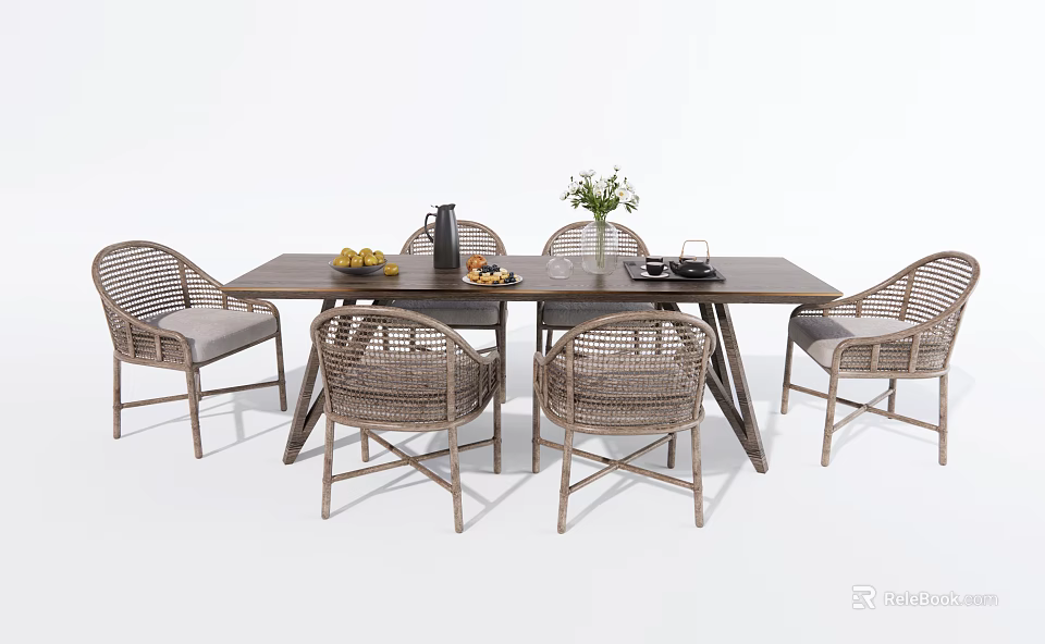 Rustic Wooden Dining Table Set With Wicker Chairs And Fruit Vase On Top 3d model
