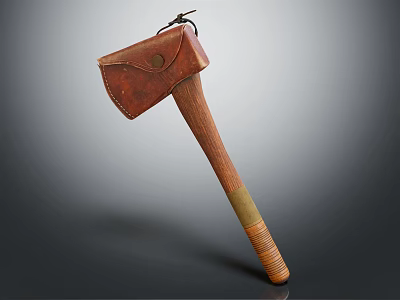 Traditional Handcrafted Axe With Leather Sheath Wooden Handle And Brass Accent 3d model