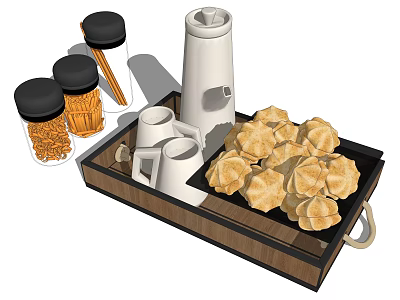 Golden Fresh Cookies On Wooden Tray With Glass Jars Pasta And White Cups 3d model