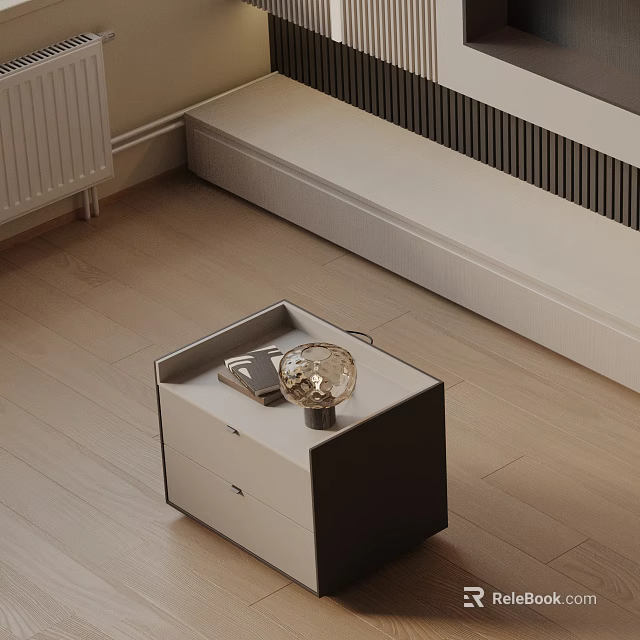 Modern White And Black Bedroom Bedside Table With Gold Spherical Lamp And Drawers 3d model 