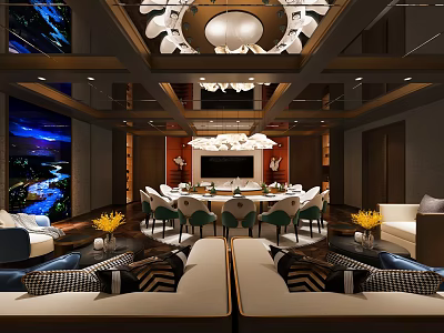 Elegant Private Dining Room With Round Table Chairs Sofa Chandelier And Night View 3d model