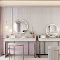 Modern Elegant Dual Dressing Tables With Round Mirrors Pendant Lights And Pink Stools
