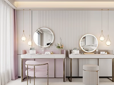 Modern Elegant Dual Dressing Tables With Round Mirrors Pendant Lights And Pink Stools 3d model