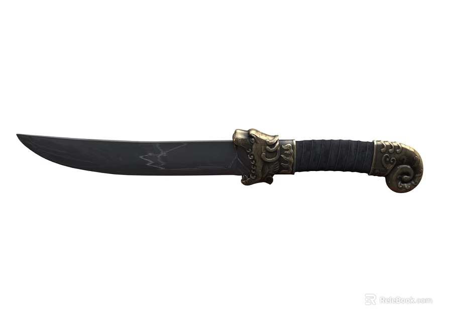 Ornate Traditional Knife With Black Blade Golden Hilt And Carved Dragon Head Wrapped Handle 3d model 