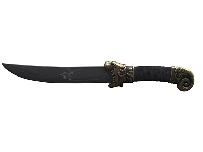 Ornate Traditional Knife With Black Blade Golden Hilt And Carved Dragon Head Wrapped Handle 3d model