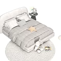 Cozy White Double Bed With Gray Bedding Stuffed Bear And Nightstand 3d model