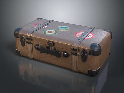 Vintage Brown Leather Suitcase With Colorful Travel Stickers And Metal Buckles 3d model