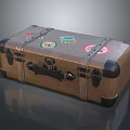 Vintage Brown Leather Suitcase With Colorful Travel Stickers And Metal Buckles