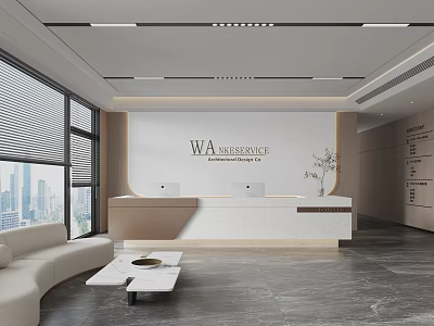 Modern Office Reception Desk With Marble Countertop Floor to Ceiling Windows and Green Plants 3d model
