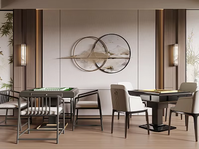 Elegant Hotel Mahjong Room With Traditional Round Paintings Wall Lamps Mahjong Tables And Comfortable Chairs 3d model