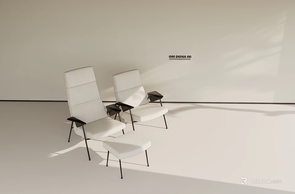 Modern Light Colored Leisure Chairs With Metal Legs And Ottoman In Minimalist Setting 3d model 