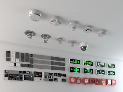 Fire Equipment Setup With Smoke Detectors Sprinklers Control Panels Emergency Exit Signs And Fire Extinguishers 3d model