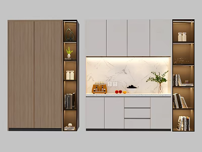 Modern Wooden White Decorative Cabinet With Open Shelves Books Vases Green Plants Marble Backdrop 3d model