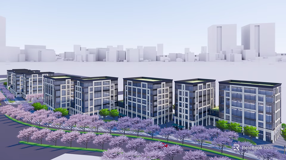 Modern Office Building Complex With Purple Flowers Green Trees And Urban Skyline 3d model 