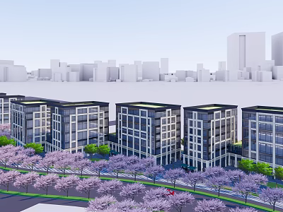 Modern Office Building Complex With Purple Flowers Green Trees And Urban Skyline 3d model