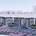 Modern Office Building Complex With Purple Flowers Green Trees And Urban Skyline