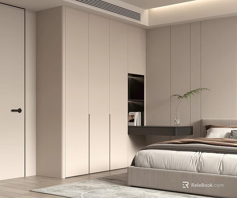 Modern Light Colored Wardrobe In Bedroom With Bed Nightstand Plant And Bookshelf 3d model 