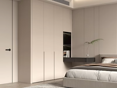 Modern Light Colored Wardrobe In Bedroom With Bed Nightstand Plant And Bookshelf 3d model