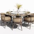 Rustic Round Dining Table Set with Woven Chairs and Yellow Flower Vase 3d model