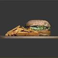 Juicy Burger With Fresh Lettuce And Crispy Fries On Wooden Cutting Board