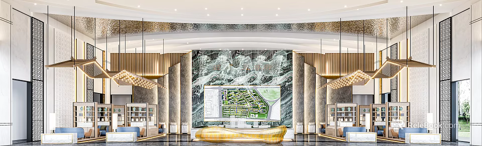 Elegant Sales Office Interior With Marble Backdrop Large Screen And Golden Decor 3d model