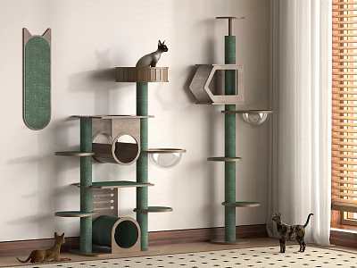Modern Cat Tree With Multi Level Platforms Green Wooden Structure And Cats Playing 3d model
