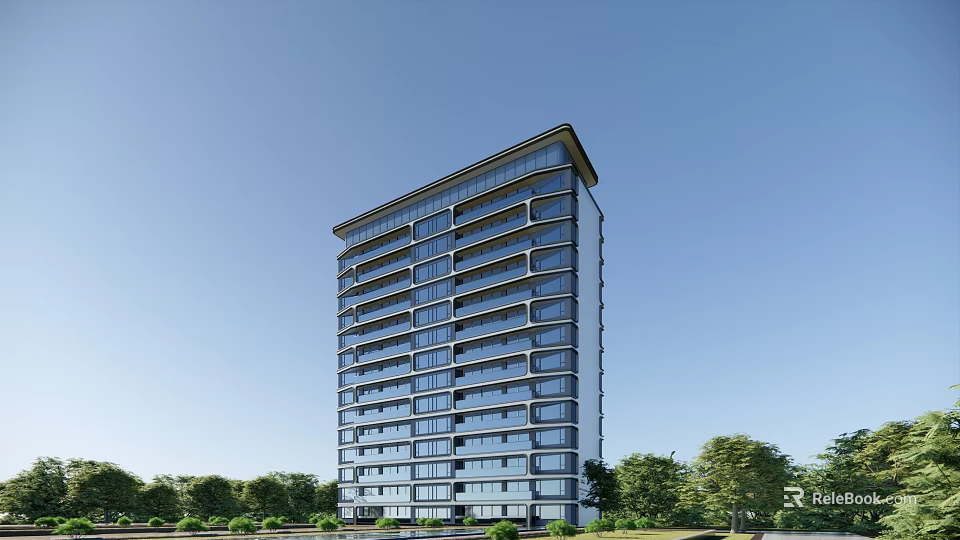 Modern High Rise Apartment Building With Balconies Glass Windows And Trees Under Blue Sky 3d model 