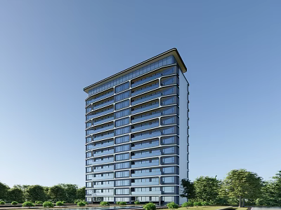 Modern High Rise Apartment Building With Balconies Glass Windows And Trees Under Blue Sky 3d model
