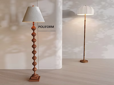 Poliform Floor Lamps Spiral Minimalist Design Wooden Poles Square Round Bases Light Gray White Lampshades 3d model