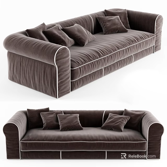 Comfortable Brown Velvet Sectional Sofa With Multiple Soft Cushions And White Stitching 3d model