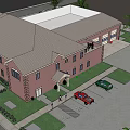 Two Story Red Brick Building With American Flag Trees Street And Cars