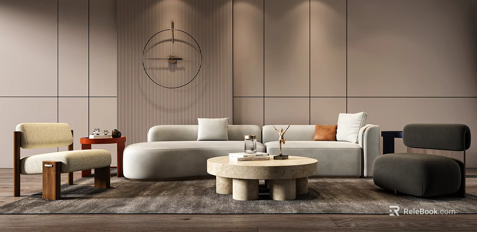 Modern Light Gray Sofa And Coffee Table Set With Marble Top And Decorative Throw Pillows 3d model