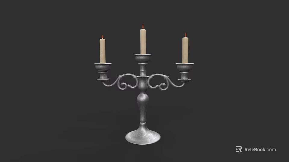 Classic Metal Candelabra With Three Candles And Curved Decorative Arms 3d model 