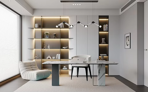 Modern Study Cream Style Bookcase Desk 3d model