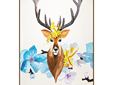Deer Head Animal Painting with Large Antlers Yellow Flowers Blue White Blossoms and Branches 3d model
