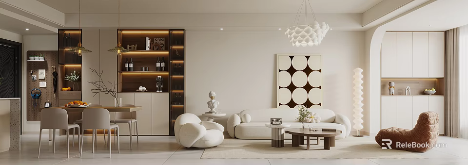 Modern Dining and Living Room Interior Design with Wine Cabinet White Sofa and Decorative Painting 3d model 