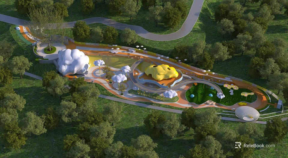 Children's Play Area Design With Green Trees Grassland And Colorful Play Structures 3d model 