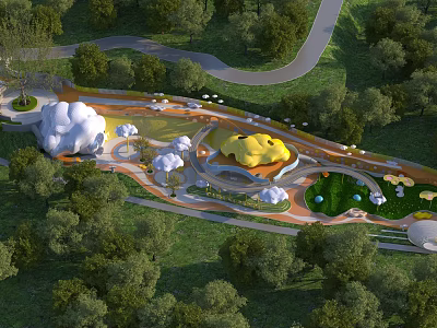 Children's Play Area Design With Green Trees Grassland And Colorful Play Structures 3d model