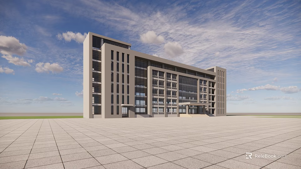 Modern Multi Story Office Building With Glass Facade And Spacious Plaza Under Blue Sky 3d model 