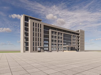 Modern Multi Story Office Building With Glass Facade And Spacious Plaza Under Blue Sky 3d model