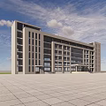 Modern Multi Story Office Building With Glass Facade And Spacious Plaza Under Blue Sky