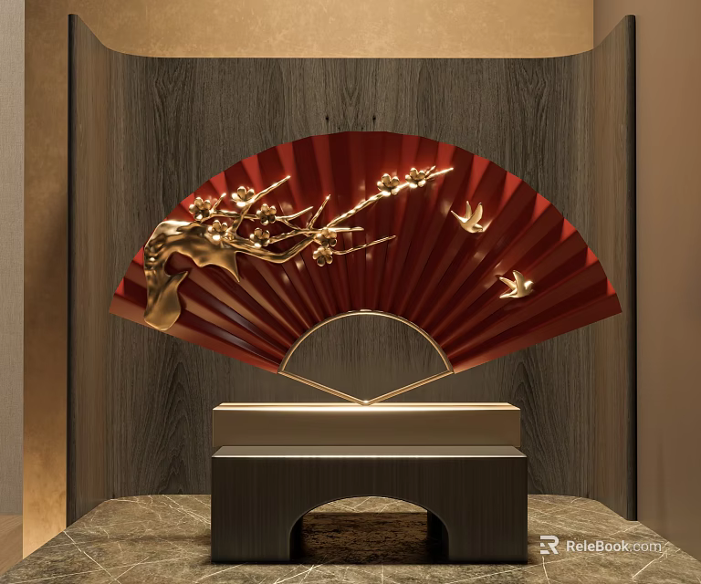 Red Fan Shaped Hanging Ornament Featuring Golden Plum Blossom Branch And Birds On Wooden Pedestal 3d model 