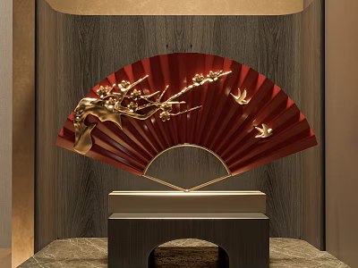 Red Fan Shaped Hanging Ornament Featuring Golden Plum Blossom Branch And Birds On Wooden Pedestal 3d model