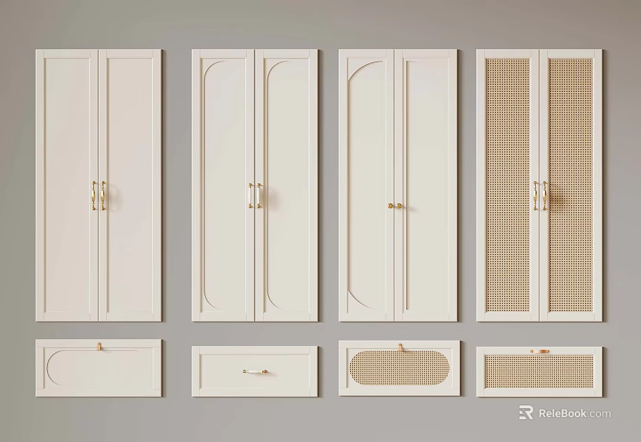 White Cabinet Doors And Drawer Fronts With Decorative Lines Grid Pattern And Golden Handles 3d model 